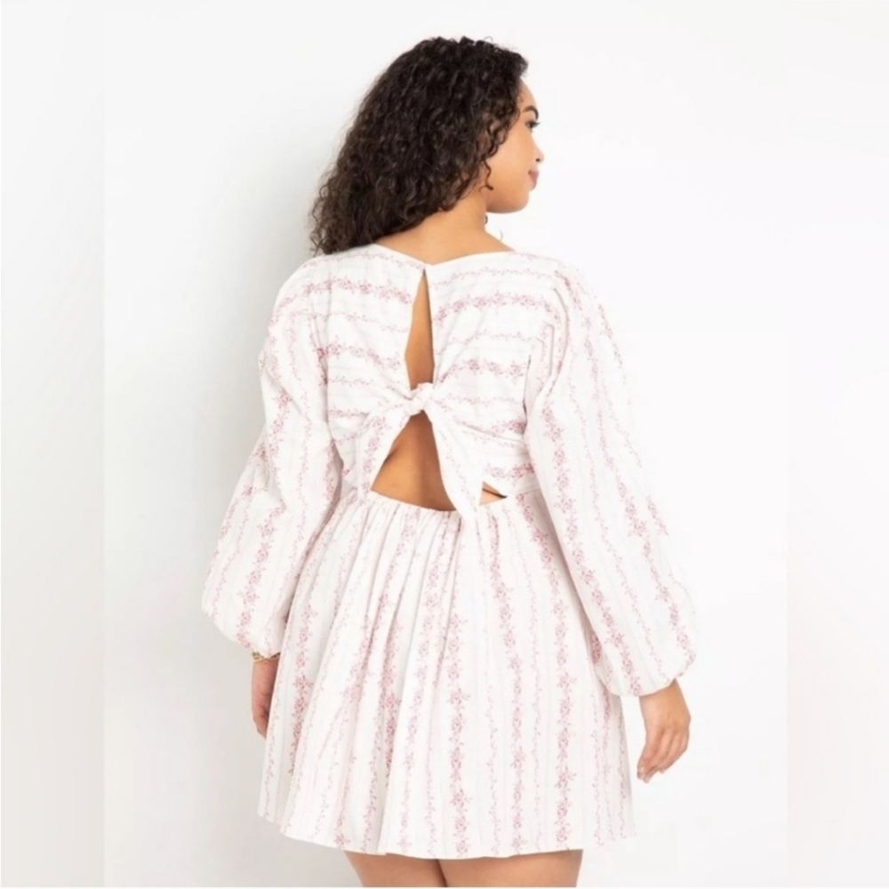 ELOQUII Tie Back Puff Sleeve Floral Mini Dress White Pink Plus Size 100% Cotton